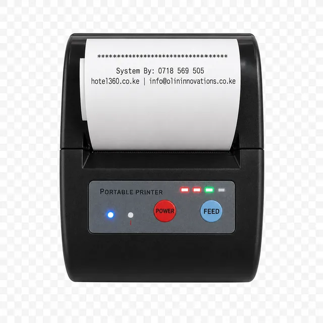 Hotel360 portable Bluetooth thermal printer printing a receipt