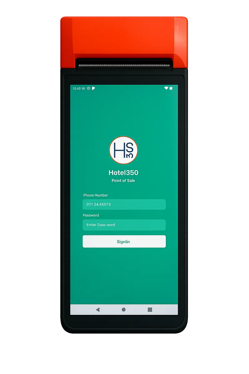 Hotel360 Point of Sale running on the POS-T2Pro handheld terminal with a built-in thermal printer